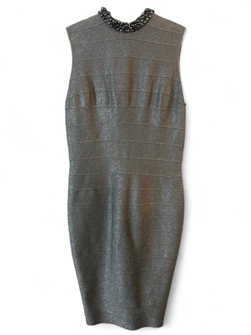 Carmen Marc Valvo Silver Beaded Neckline Bandage Sculpting Bodycon Glam Dress